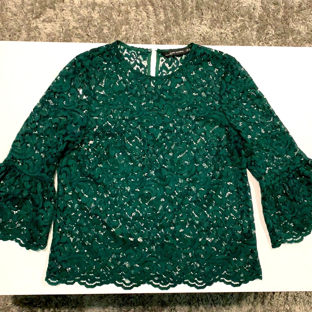 Zara Woman Green Lace Bell Sleeve Top
